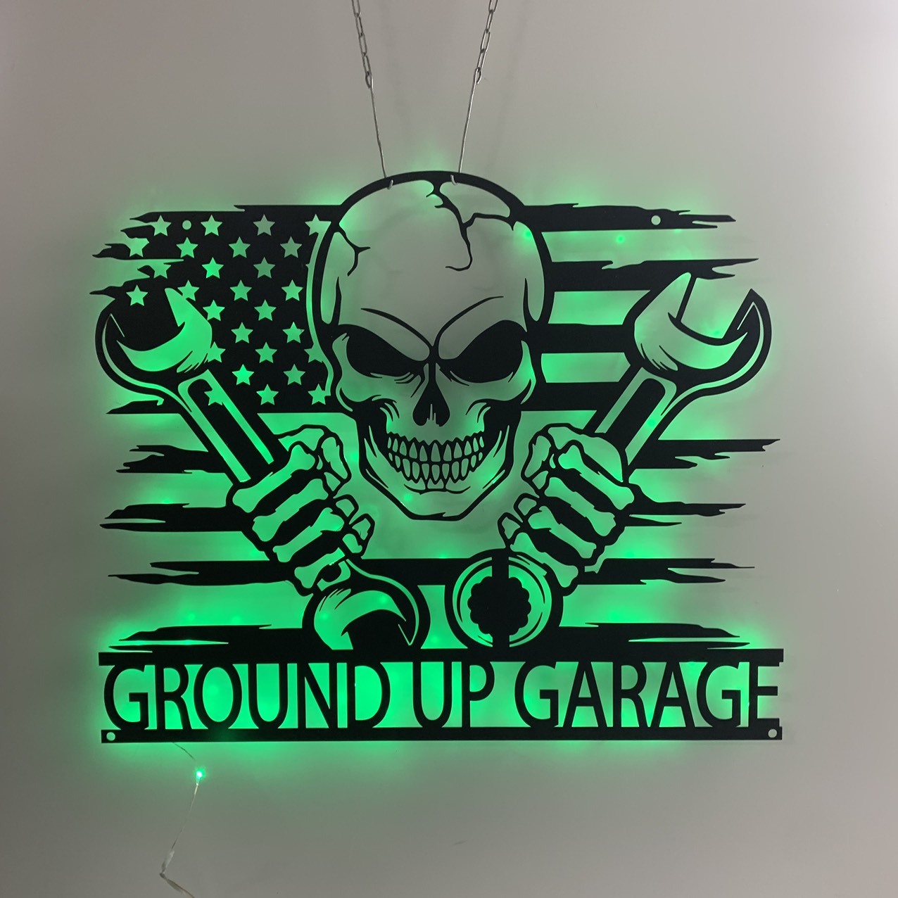 Custom Us Mechanic Skull Metal Wall Art With Led Lights, Mechanic Garage Man Cave Metal Led Sign, Personalized Us Flag Skull Metal Name Sign