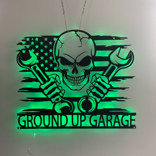 Custom Us Mechanic Skull Metal Wall Art With Led Lights, Mechanic Garage Man Cave Metal Led Sign, Personalized Us Flag Skull Metal Name Sign