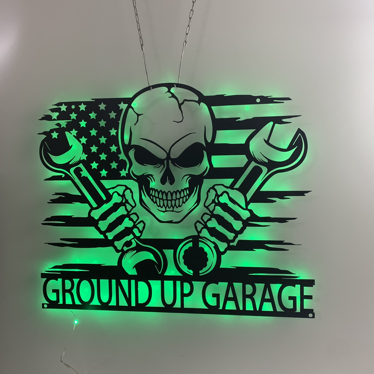 Custom Us Mechanic Skull Metal Wall Art With Led Lights, Mechanic Garage Man Cave Metal Led Sign, Personalized Us Flag Skull Metal Name Sign