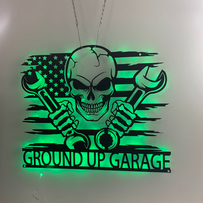 Custom Us Mechanic Skull Metal Wall Art With Led Lights, Mechanic Garage Man Cave Metal Led Sign, Personalized Us Flag Skull Metal Name Sign