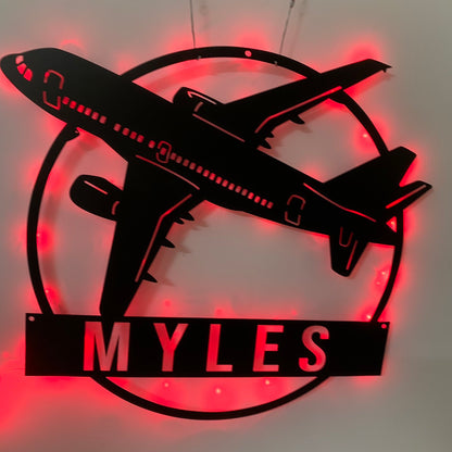 Custom Airplane Metal Wall Art With Led Light, Personalized Pilot Metal Name Sign, Aircraft Hangar Metal Wall Led Decor, Aeroplane Mancave Sign