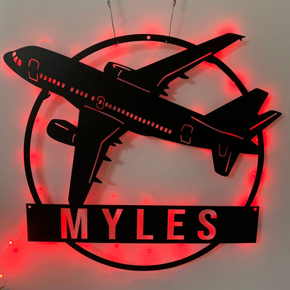 Custom Airplane Metal Wall Art With Led Light, Personalized Pilot Metal Name Sign, Aircraft Hangar Metal Wall Led Decor, Aeroplane Mancave Sign