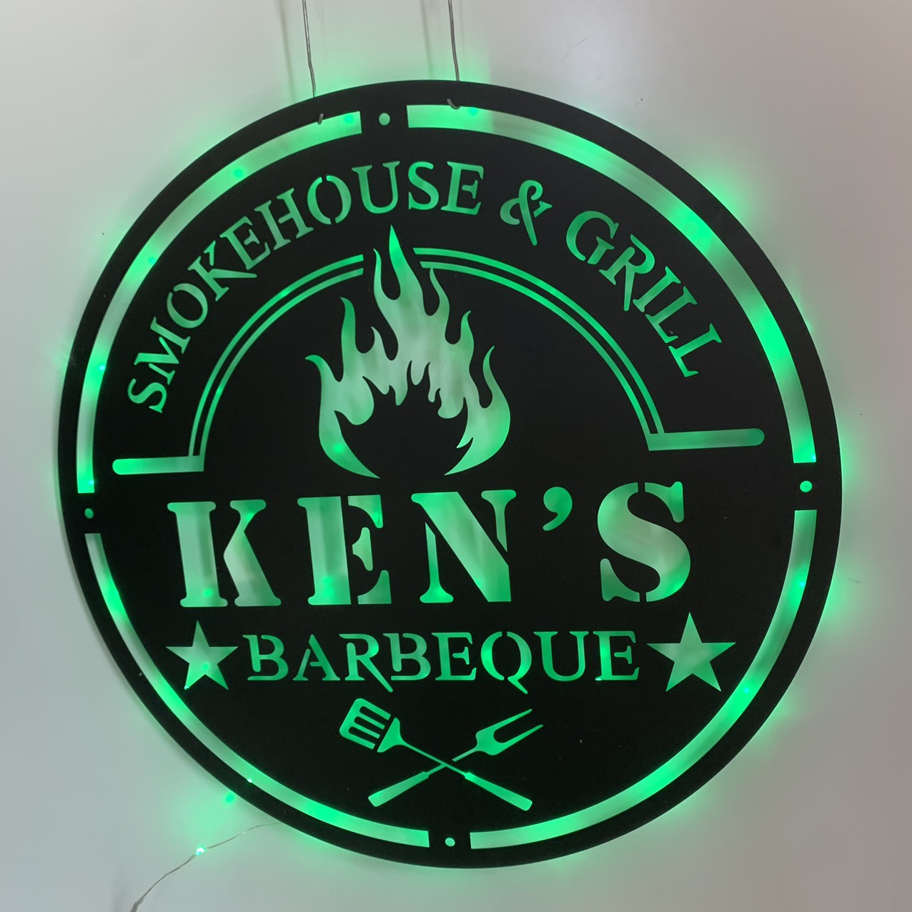 Personalized Barbeque Metal Wall Art With Led Lights, Backyard Bar Grill & Smoke Metal Sign, Custoom Metal Backyard Patio Name Sign