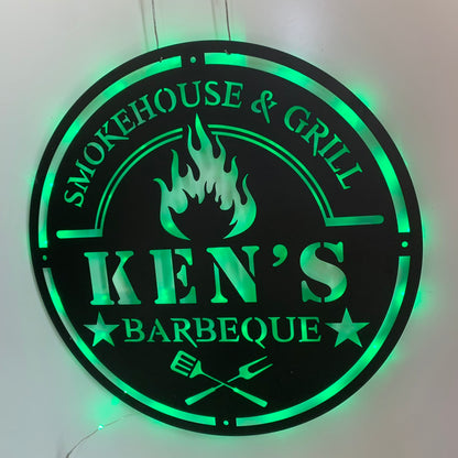 Personalized Barbeque Metal Wall Art With Led Lights, Backyard Bar Grill & Smoke Metal Sign, Custoom Metal Backyard Patio Name Sign