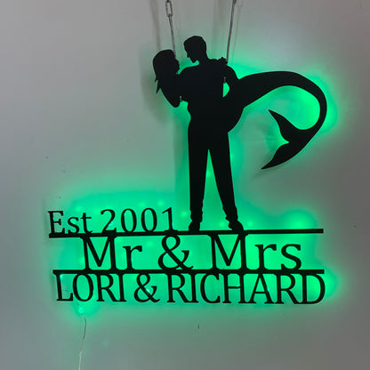 Personalized Mermaid Couple Metal Sign With Led Light, Custom Mr & Mrs Metal Wall Art For Beach House Decor, Couple Anniversary Metal Wall Sign