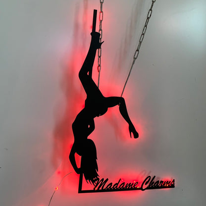 Custom Pole Dance Metal Wall Art With Led Lights, Personalized Girl Pole Dancing Metal Name Sign, Morden Dance Pole Dancing Metal Led Sign