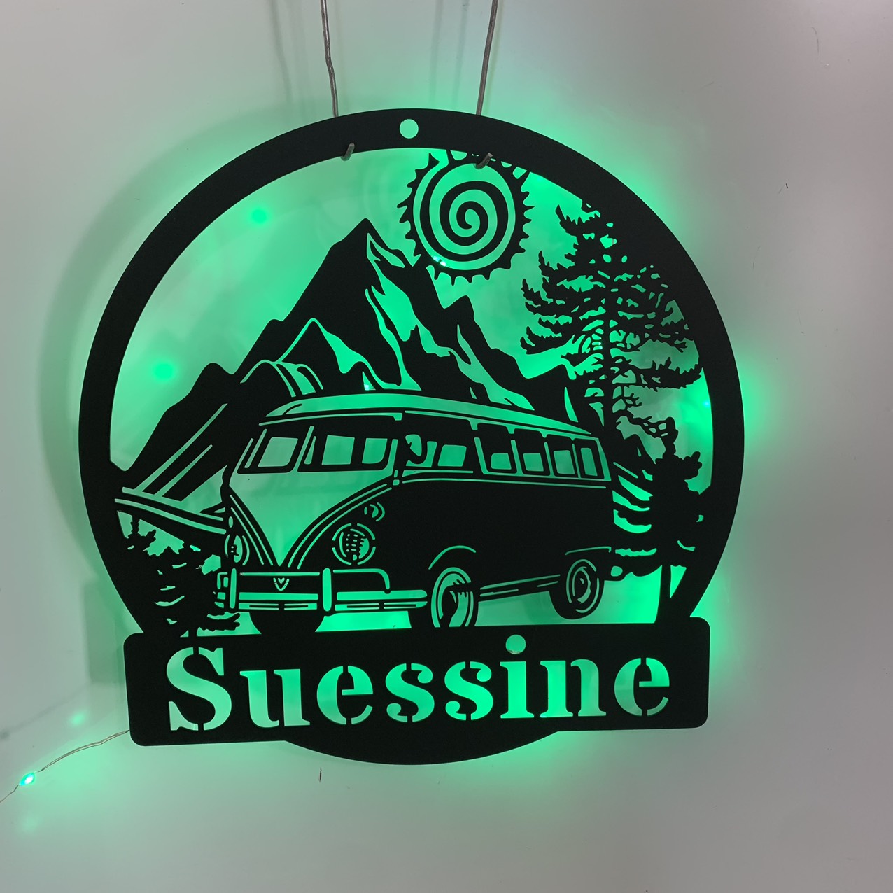 Custom Camping Car Metal Wall Art Led Lights, Personalized Hippie Bus Van Metal Name Sign, Happy Camper Van Campsite Cabin Metal Wall Led Decor