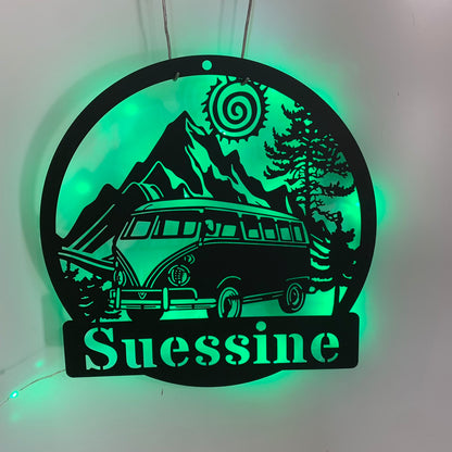 Custom Camping Car Metal Wall Art Led Lights, Personalized Hippie Bus Van Metal Name Sign, Happy Camper Van Campsite Cabin Metal Wall Led Decor