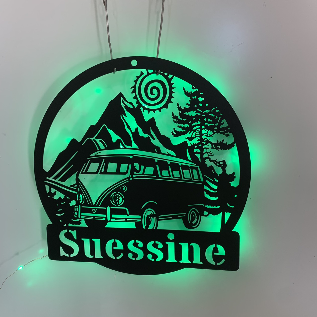 Custom Camping Car Metal Wall Art Led Lights, Personalized Hippie Bus Van Metal Name Sign, Happy Camper Van Campsite Cabin Metal Wall Led Decor
