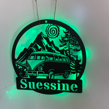 Custom Camping Car Metal Wall Art Led Lights, Personalized Hippie Bus Van Metal Name Sign, Happy Camper Van Campsite Cabin Metal Wall Led Decor