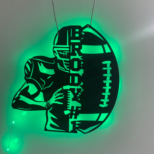 Custom American Football Metal Wall Art With Led Light, Personalized Football Player Metal Name Sign, Football Player Metal Led Decor