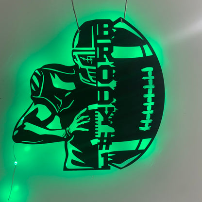 Custom American Football Metal Wall Art With Led Light, Personalized Football Player Metal Name Sign, Football Player Metal Led Decor