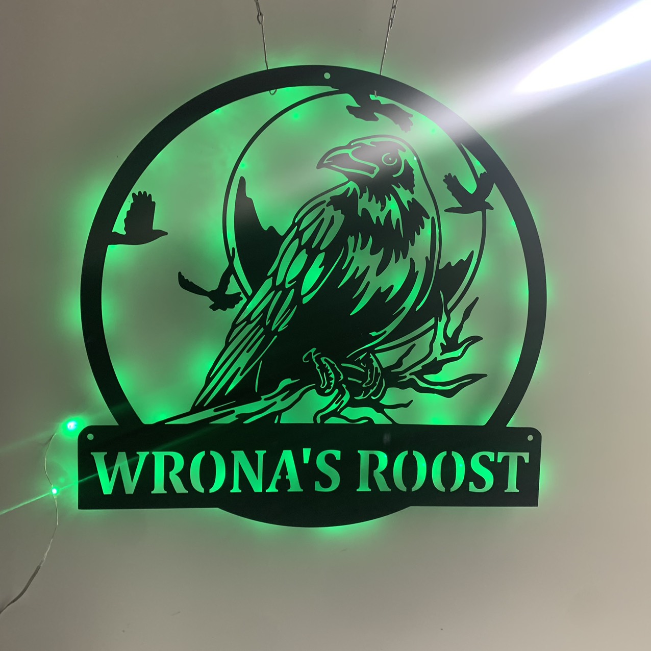 Custom Raven Bird Metal Wall Art With Led Light, Personalized Raven Metal Name Sign, Raven Moon Night Metal Wall Led Decor