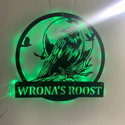 Custom Raven Bird Metal Wall Art With Led Light, Personalized Raven Metal Name Sign, Raven Moon Night Metal Wall Led Decor