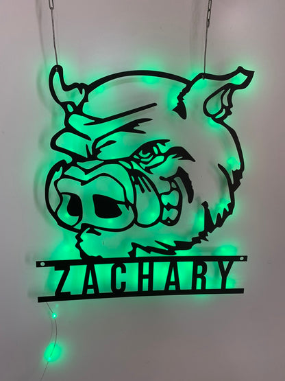 Custom Funny Pig Farmhouse Metal Wall Art Led Light, Personalized Pig Farm Metal Name Sign, Pig Barn Wild Boar Hunting Metal Sign