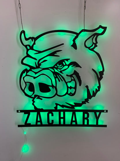 Custom Funny Pig Farmhouse Metal Wall Art Led Light, Personalized Pig Farm Metal Name Sign, Pig Barn Wild Boar Hunting Metal Sign