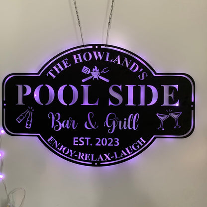 Personalized Pool Bar Metal Name Sign With Led Lights, Custom Bar Metal Wall Art, Bar & Grill Led Metal Sign, Poolside Patio Metal Wall Hanging