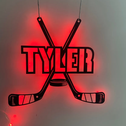 Custom Hockey Sticks Metal Wall Art With Led Lights, Personalized Hockey Player Metal Name Sign, Ice Hockey Metal Wall Led Decor