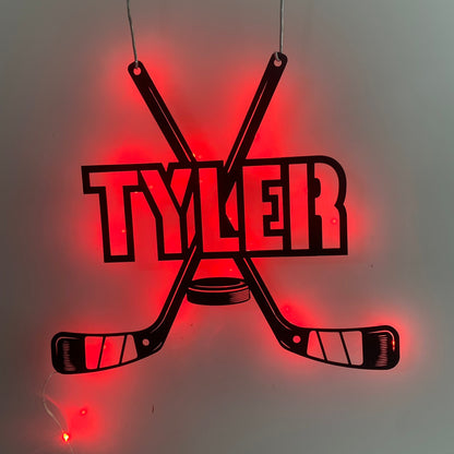 Custom Hockey Sticks Metal Wall Art With Led Lights, Personalized Hockey Player Metal Name Sign, Ice Hockey Metal Wall Led Decor