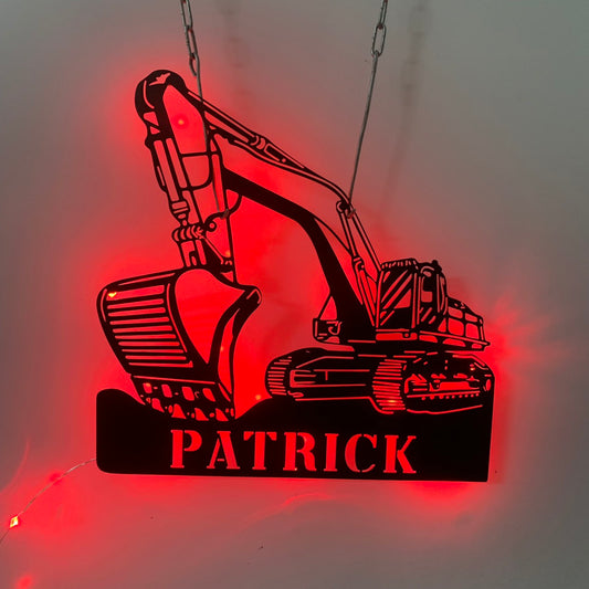 Custom Excavator Metal Wall Art With Led Light, Personalized Excavator Driver Metal Name Sign, Excavator Construction Truck Metal Wall Led Decor