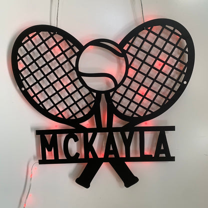 Custom Tennis Metal Wall Art With Led Lights, Personalized Tennis Player Metal Name Sign, Tennis Racket Ball Metal Wall Led Sign