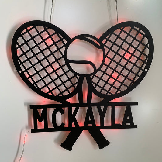 Custom Tennis Metal Wall Art With Led Lights, Personalized Tennis Player Metal Name Sign, Tennis Racket Ball Metal Wall Led Sign