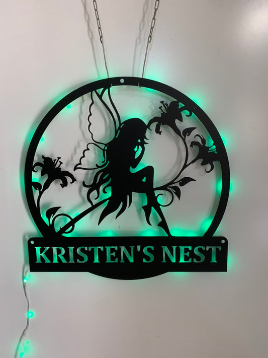 Custom Fairy Metal Wall Art With Led Lights, Personalized Fairy Metal Name Sign, Fairy Garden Metal Wall Hanging Kids Room Sign