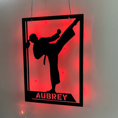 Custom Girl Karate Martial Arts Metal Wall Art With Led Light, Personalized Karate Fighters Metal Name Sign, Ryukyuan Martial Arts Metal Led Sign