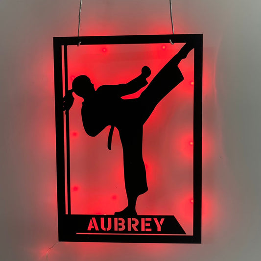 Custom Girl Karate Martial Arts Metal Wall Art With Led Light, Personalized Karate Fighters Metal Name Sign, Ryukyuan Martial Arts Metal Led Sign