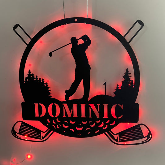 Custom Golfing Metal Wall Art With Led Light, Personalized Golfer Metal Name Sign, 19th Hole Golf Club Patio Metal Wall Led Sign