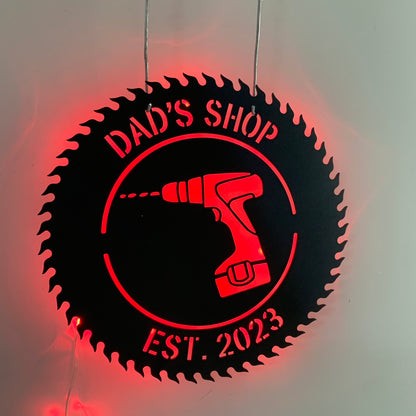 Custom Hand Drilll Workshop Metal Wall Art With Led Light, Personalized Mechanic Workshop Metal Name Sign, Metal Handyman Workshop Wall Led Sign