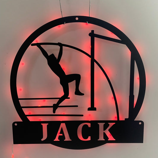 Custom Man Pole Vault Metal Wall Art Led Light, Personalized Pole Vaulting Metal Name Sign Home Decor, Jumping Athletics Sport Metal Wall Led Sign