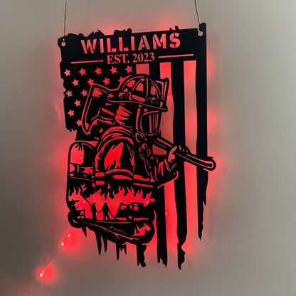 Custom Us Flag Firefighter Metal Wall Art With Led Light, Personalized Usa Fireman Metal Name Sign, Fire Department Metal Wall Decor