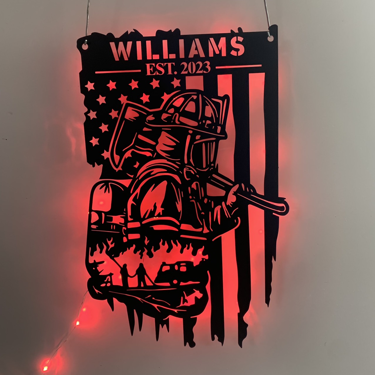 Custom Us Flag Firefighter Metal Wall Art With Led Light, Personalized Usa Fireman Metal Name Sign, Fire Department Metal Wall Decor