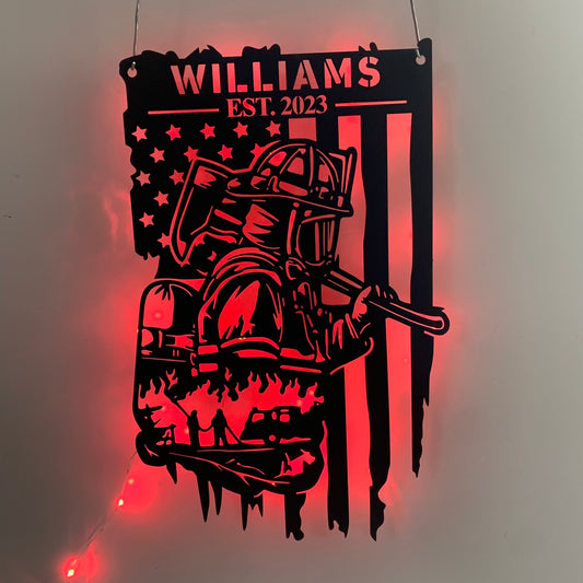 Custom Us Flag Firefighter Metal Wall Art With Led Light, Personalized Usa Fireman Metal Name Sign, Fire Department Metal Wall Decor