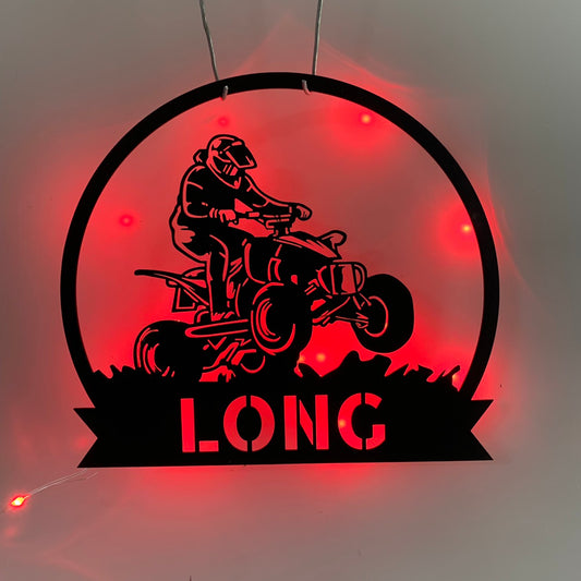 Custom Quad Biker Metal Wall Art With Led Light, Personalized Dirt Bike Metal Name Sign, Terrain Vehicle Atv 4 Wheels Garage Metal Wall Sign