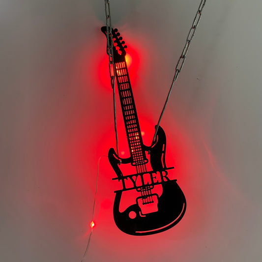 Custom Electric Guitar Metal Wall Art With Led Light, Personalized Guitarist Metal Name Sign, Guitar Rock Music Studio Metal Led Sign