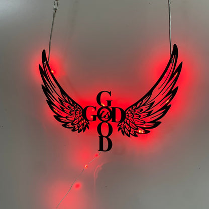 God Is Good Metal Wall Art With Led Lights, God Is Good With Angel Wings Metal Wall Sign, Religious Christian Metal Living Room Wall Decor