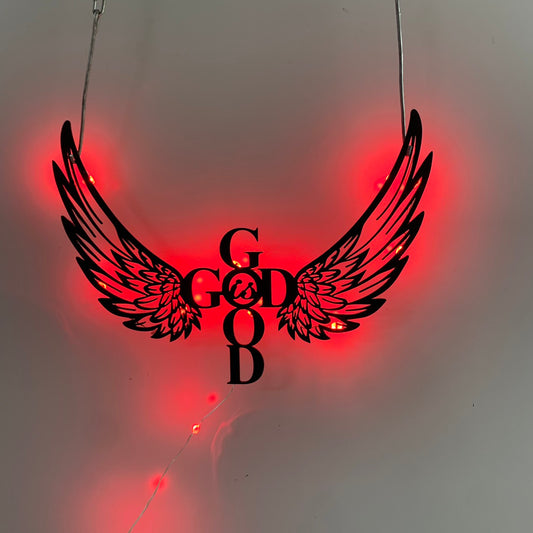 God Is Good Metal Wall Art With Led Lights, God Is Good With Angel Wings Metal Wall Sign, Religious Christian Metal Living Room Wall Decor