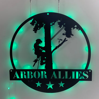 Personalized Tree Climbing Metal Wall Art With Led Light, Custom Tree Climber Metal Name Sign, Logger Work Tree Service Metal Wall Led Decor