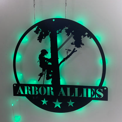 Personalized Tree Climbing Metal Wall Art With Led Light, Custom Tree Climber Metal Name Sign, Logger Work Tree Service Metal Wall Led Decor