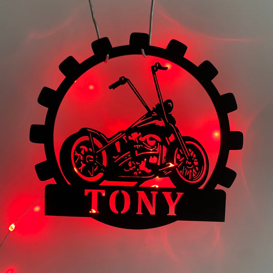 Custom Motorcycle Metal Wall Art With Led Lights, Personalized Motocross Rider Metal Name Sign, Mechanic Garage Metal Wall Led Decor