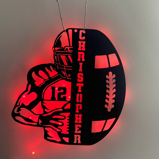 Custom American Football Metal Wall Art With Led Light, Personalized Football Player Metal Name Sign, Football Player Metal Led Decor