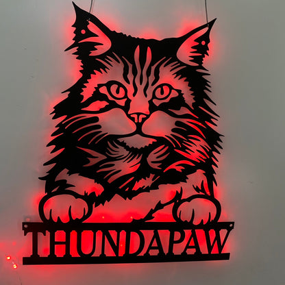 Custom Peeking Maine Coon Cat Metal Wall Art Led Light, Personalized Funny Cat Lover Metal Name Sign, Maine Coon Cat Kid Room Metal Wall Led Sign