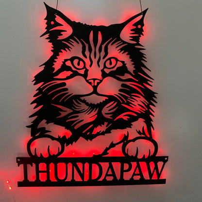 Custom Peeking Maine Coon Cat Metal Wall Art Led Light, Personalized Funny Cat Lover Metal Name Sign, Maine Coon Cat Kid Room Metal Wall Led Sign