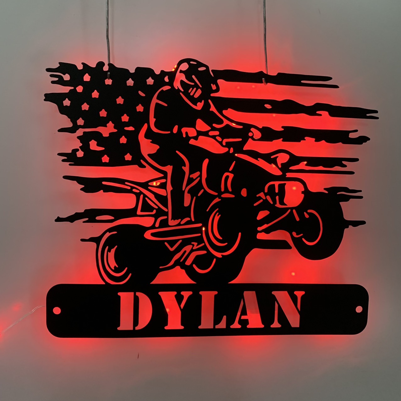 Custom Us Quad Biker Metal Wall Art With Led Light, Personalized Dirt Bike Metal Name Sign, Terrain Vehicle Atv 4 Wheels Garage Metal Wall Sign