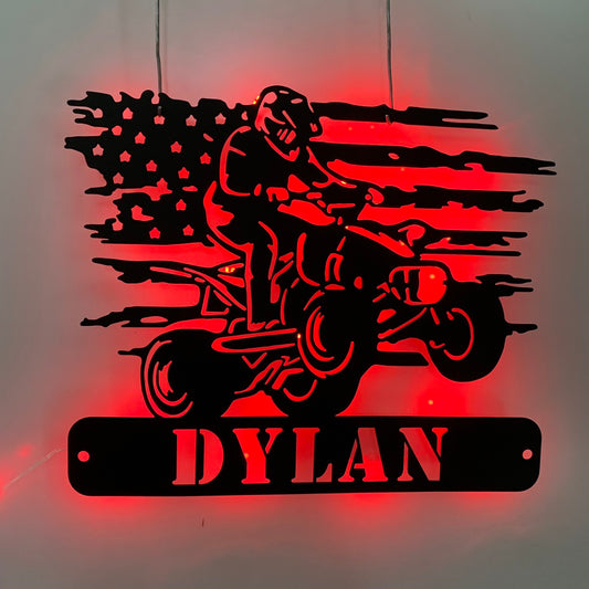 Custom Us Quad Biker Metal Wall Art With Led Light, Personalized Dirt Bike Metal Name Sign, Terrain Vehicle Atv 4 Wheels Garage Metal Wall Sign