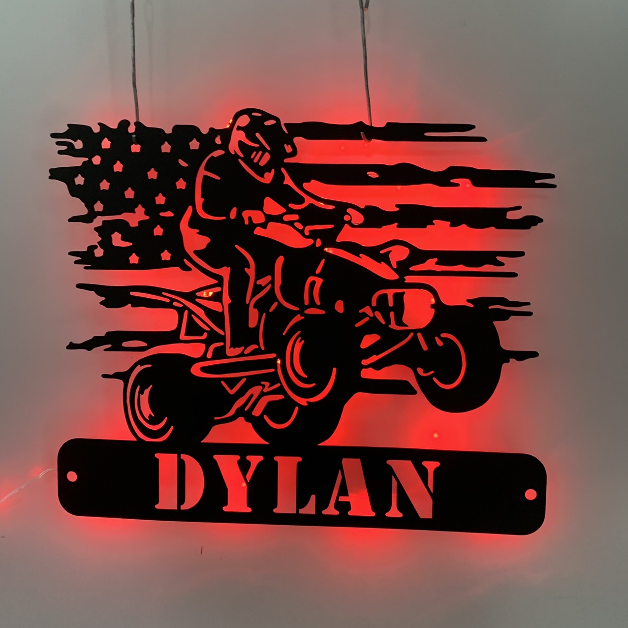 Custom Us Quad Biker Metal Wall Art With Led Light, Personalized Dirt Bike Metal Name Sign, Terrain Vehicle Atv 4 Wheels Garage Metal Wall Sign