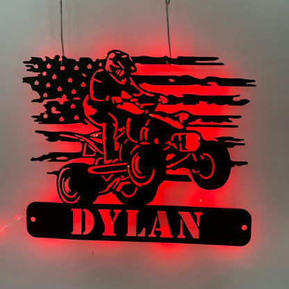 Custom Us Quad Biker Metal Wall Art With Led Light, Personalized Dirt Bike Metal Name Sign, Terrain Vehicle Atv 4 Wheels Garage Metal Wall Sign