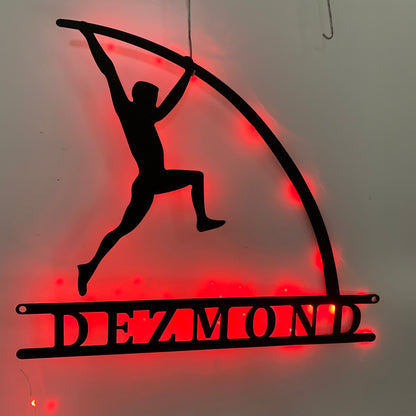 Custom Man Pole Vault Metal Wall Art Led Light, Personalized Pole Vaulting Metal Name Sign, Pole Jumping Athletics Sport Metal Wall Led Sign